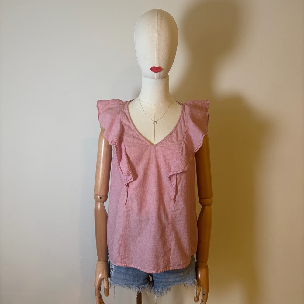 Old Navy Red & White Striped Ruffle V-Neck Cotton Top XS